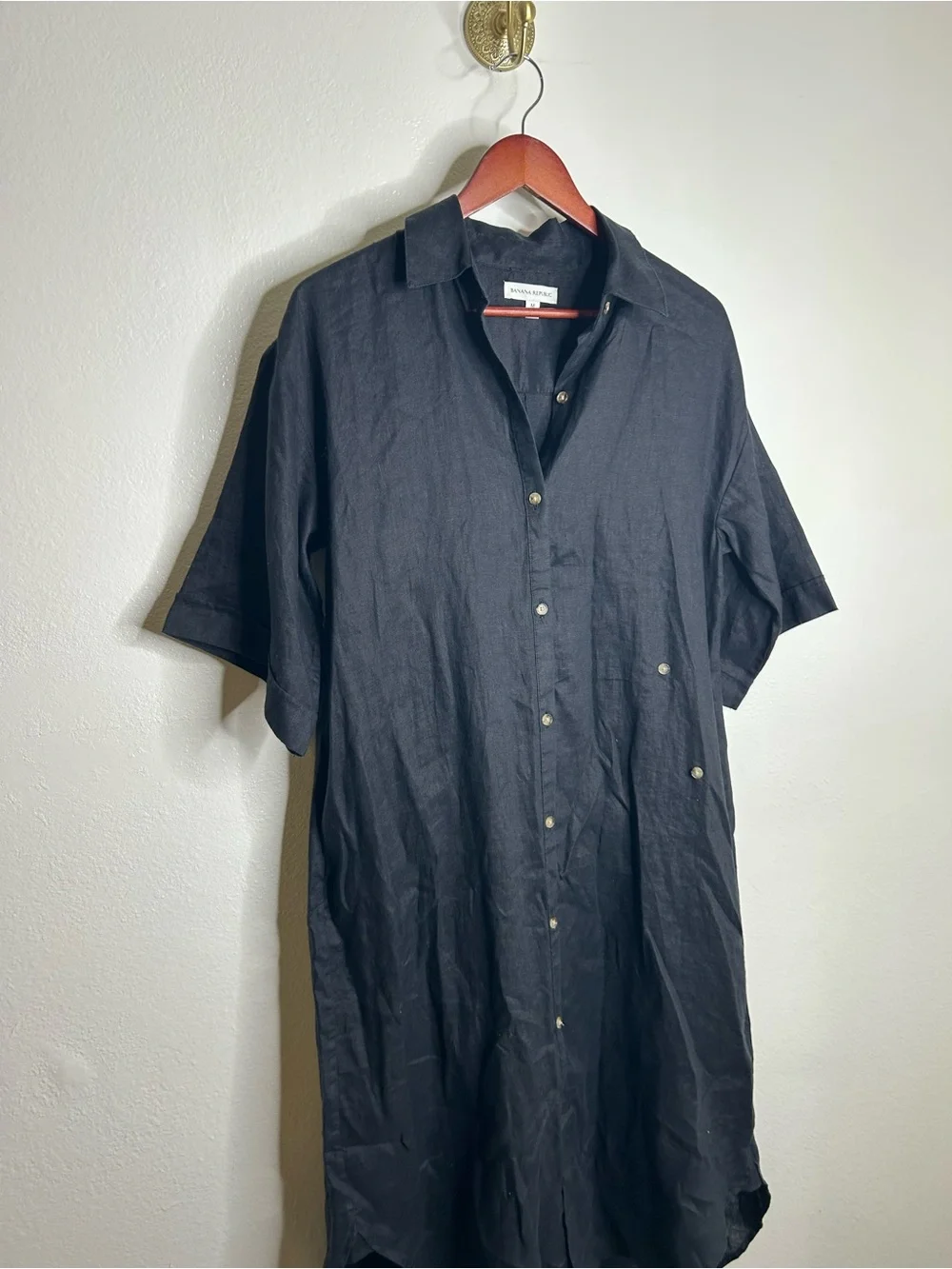 Banana Republic 100% Linen Black Asymmetrical Button Down Shirt Dress - Picture 4 of 15